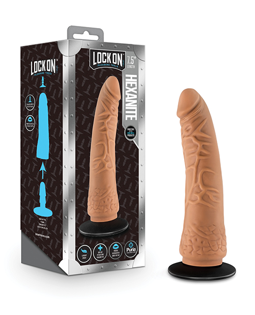 Blush Lock On 7.5" Hexanite Dildo w-Suction Cup Adapter - Mocha